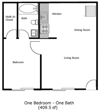 Floor plan for 1 bed, 1 bath, 460 sqft